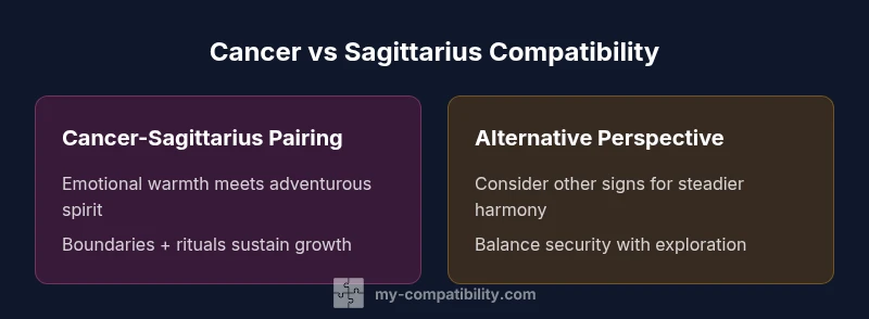 A Cancer-Sagittarius zodiac couple sharing a moment in a cozy room