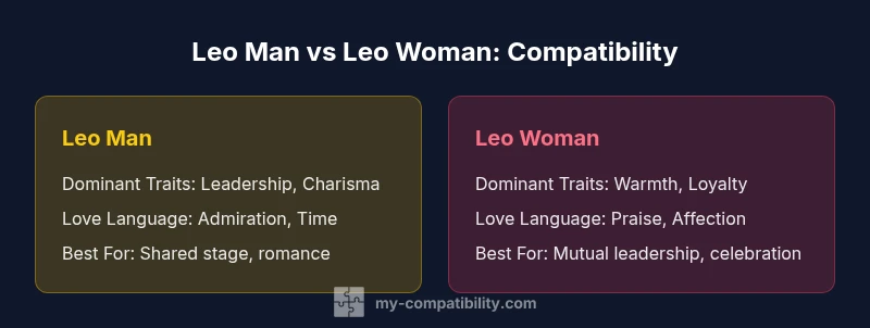 Comparison infographic showing Leo man vs Leo woman compatibility factors