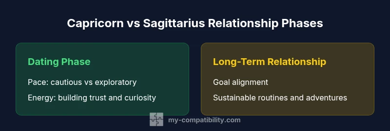 Infographic comparing dating phase vs long-term relationship for Capricorn and Sagittarius