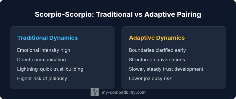 Infographic comparing Scorpio-Scorpio traditional and adaptive dynamics