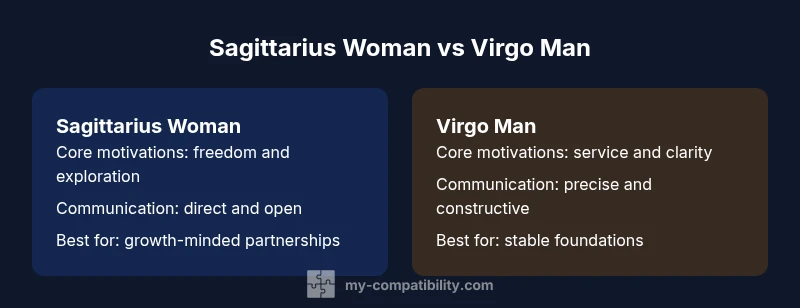 Comparison infographic showing Sagittarius Woman vs Virgo Man